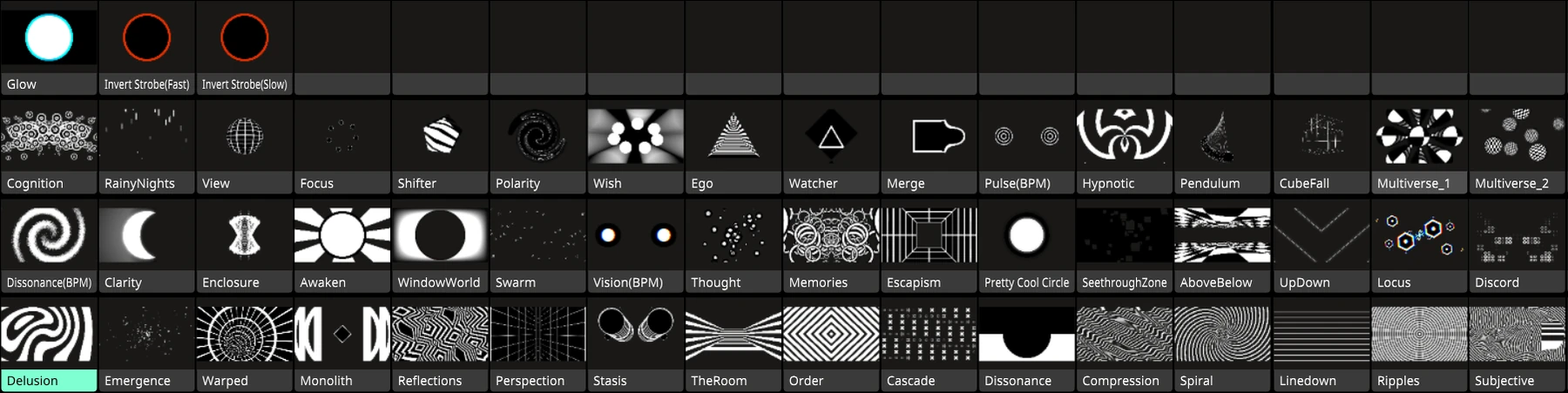 Grid of Confusion clip thumbnails in Resolume